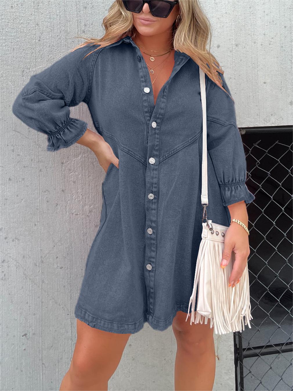 Janna - Washed denim jurk met pofmouwen